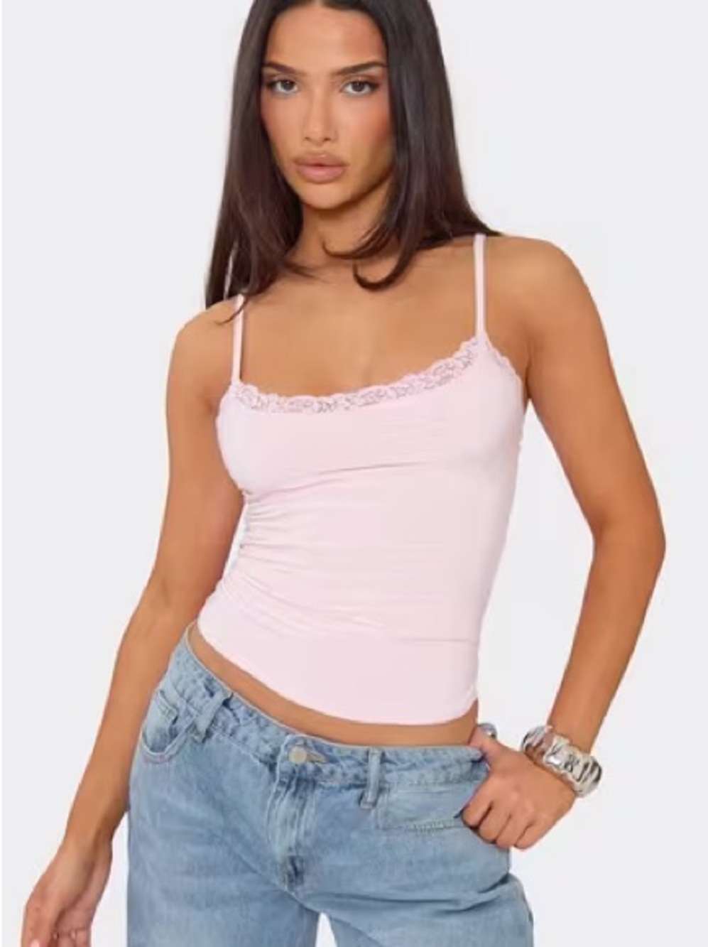 🆕🎀Baby Pink Lace-Trim Spaghetti Strap Cami Tank